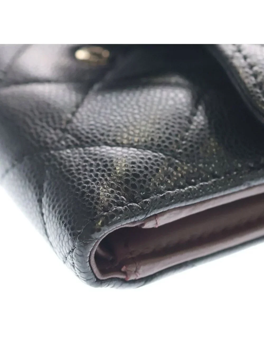 Chanel CC Logo Quilted Caviar Leather Compact Wallet Trifold Black Gold